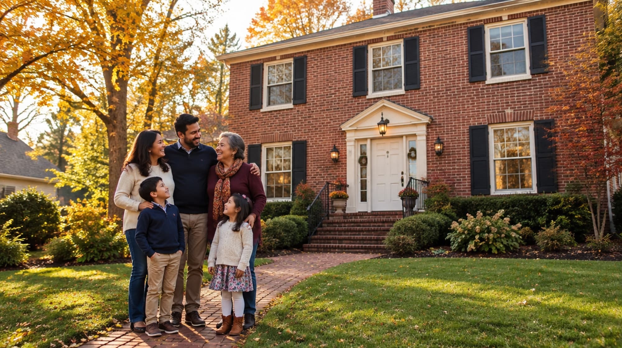 A family enjoying the front yard of their brick home